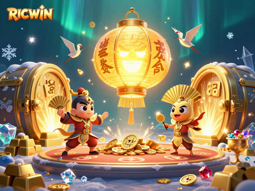 Experience RICWIN's vibrant casino illumination featuring golden characters and treasures.
