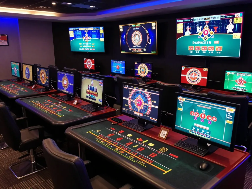 Engaging in strategic online gaming with nhà cái lv88, showcasing multiple games played on high-quality screens in a professional setup.