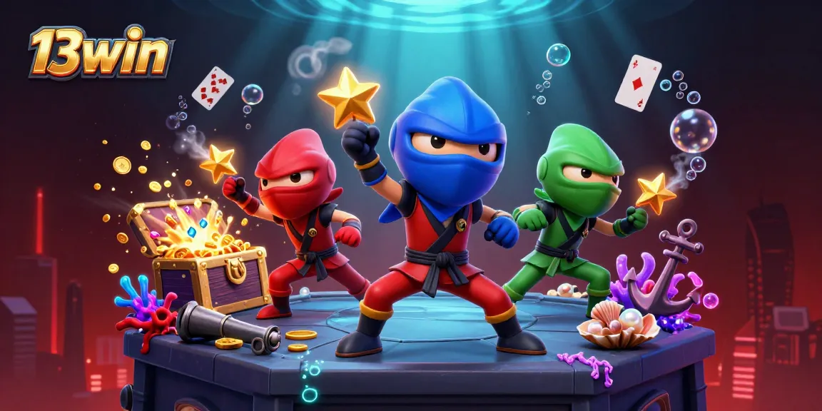 Experience the thrill of action with 13win's dynamic casino scene animated by ninja chameleons.