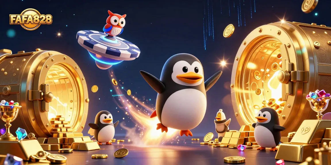 Win big at FAFA828 with a dynamic 3D scene featuring a golden penguin and casino treasures.