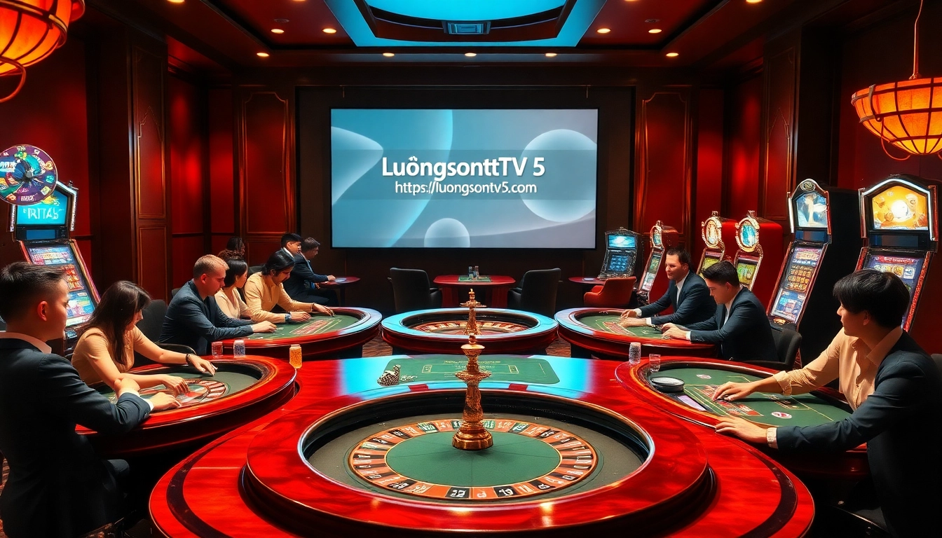 Players experiencing the thrill of betting at a casino while accessing https://luongsontv5.com/ for online football streaming.