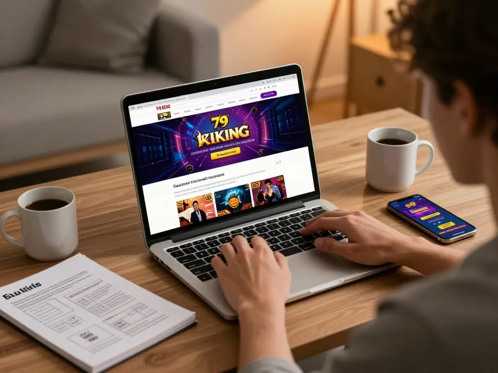 Engaging with online casino at 79 King on a laptop in a cozy home office.