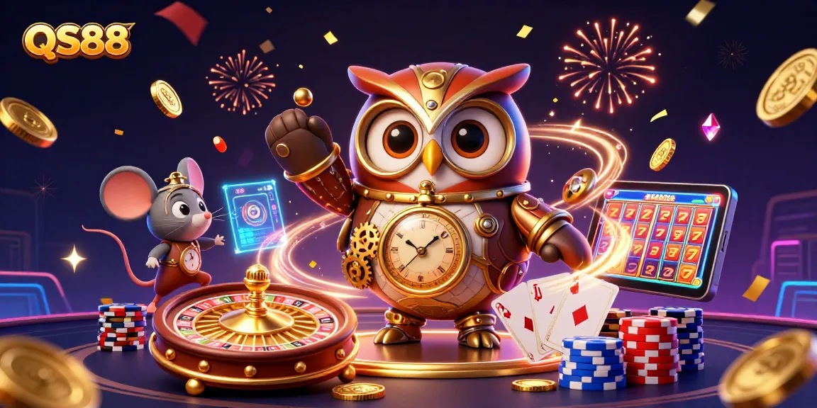 Engage with QS88 at the dynamic casino scene featuring a time-traveler owl and sparkling gems!