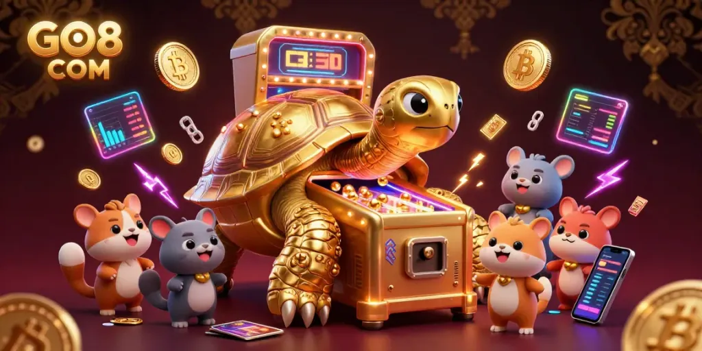 Experience the fun of GO8 COM with a vibrant 3D casino illustration featuring a giant tortoise pinball machine and glowing crypto elements.