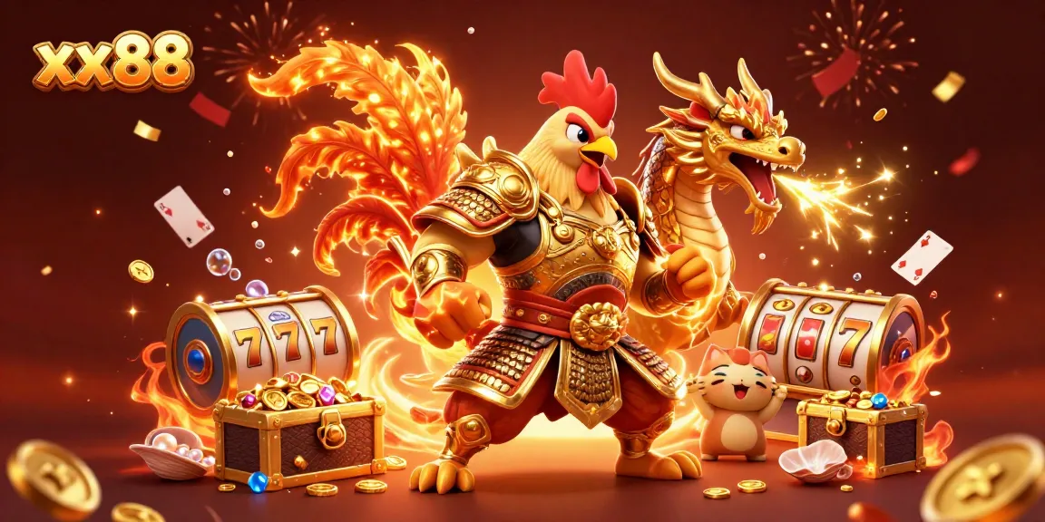 Join the excitement at xx88 with a vivid 3D scene showcasing a golden rooster warrior, dragon hatchling, and fortune mascot!