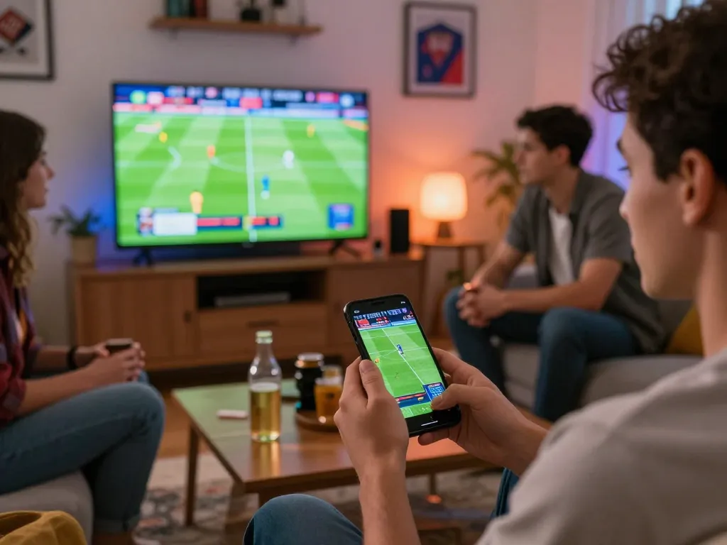 Bongdalu sports betting excitement captured as a person places real-time bets on a smartphone during a match
