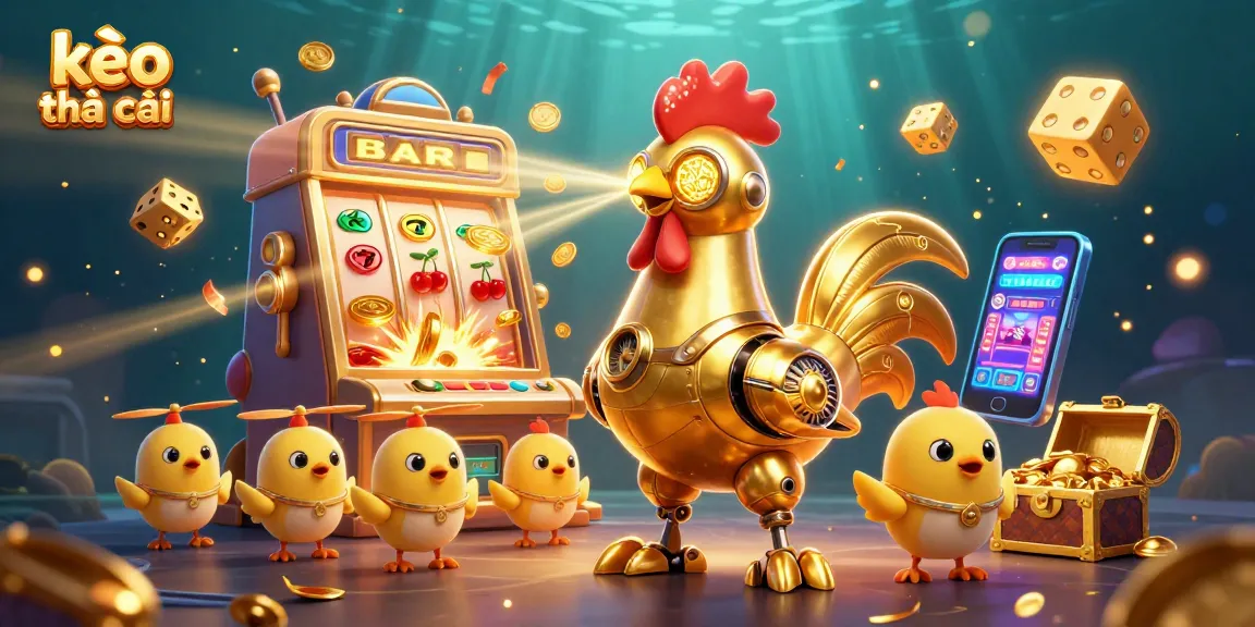 Engage in thrilling sports betting with kèo nhà cái, featuring a dynamic 3D scene of a golden rooster robot and baby chick drones.