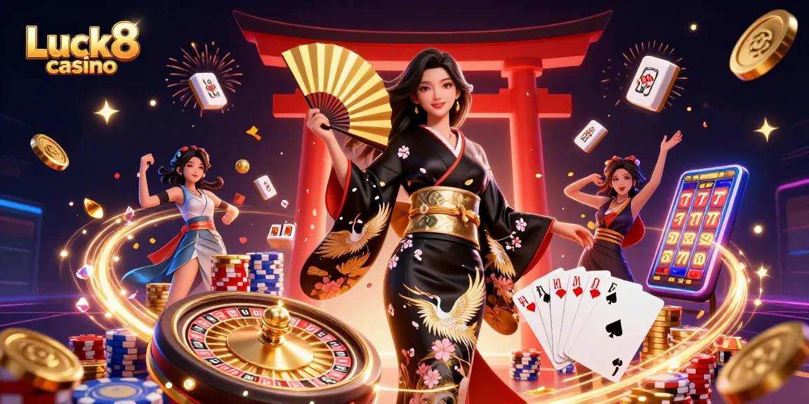 Join the excitement at Luck8 casino with a dazzling Asian-inspired gaming scene filled with vibrant elements.