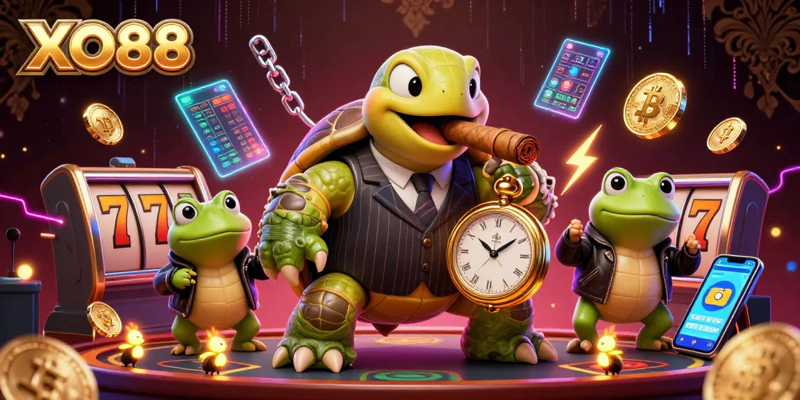 Engage with exciting slots at XO88 featuring a vibrant casino scene with a massive turtle in a mobster suit.
