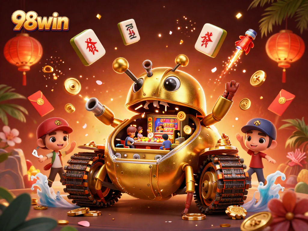 Engage in the vibrant casino scene of 98win with confetti, golden coins, and festive elements.