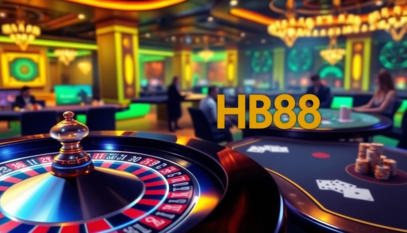 Experience the thrill of HB88 with vibrant online casino gaming visuals featuring a roulette wheel and poker chips.