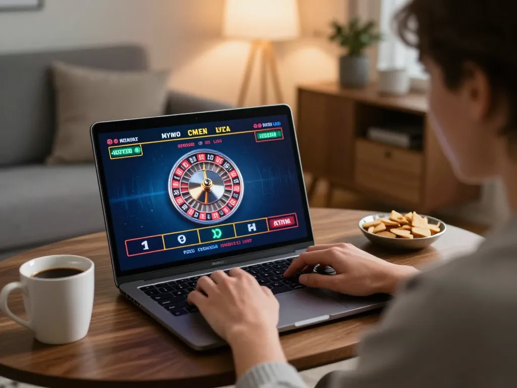 Player enjoying online gambling at home with 98win1 roulette game displayed on laptop.