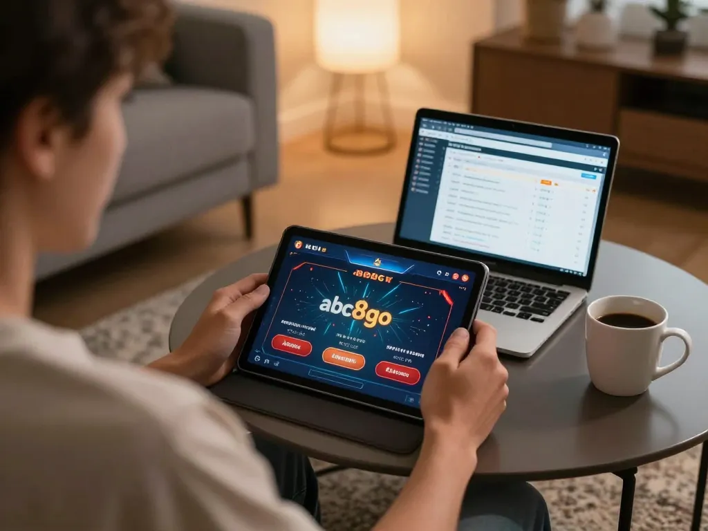 Person using abc8go tablet for online gambling with notebook and coffee, cozy setting