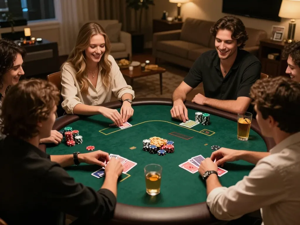 Players enjoying poker at home, showcasing an engaging 789win gaming night with snacks and drinks.