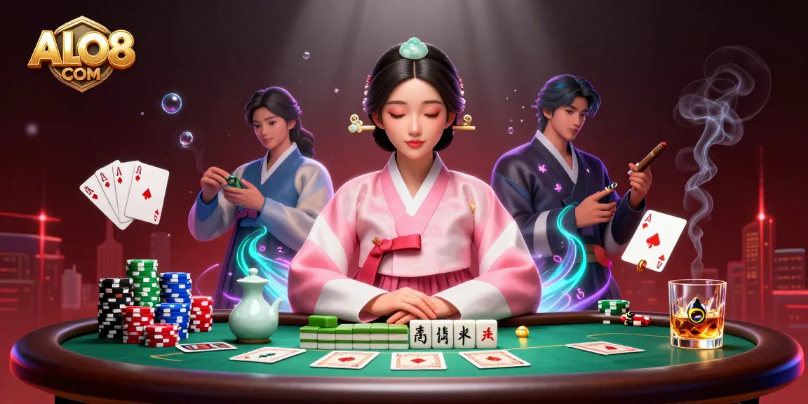 Engage with an elegant Asian woman while playing poker at ALO8 COM, amidst rich casino visuals.
