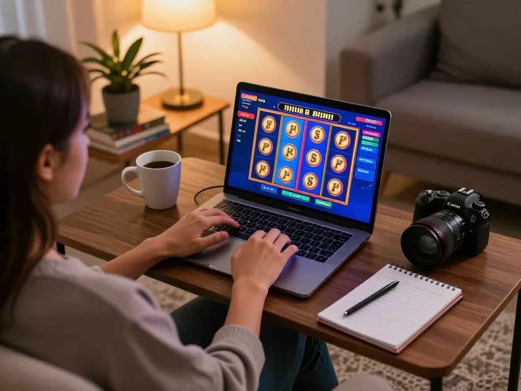 Person enjoying online gaming at home on uu88 com, vibrant slot game interface displayed on laptop.