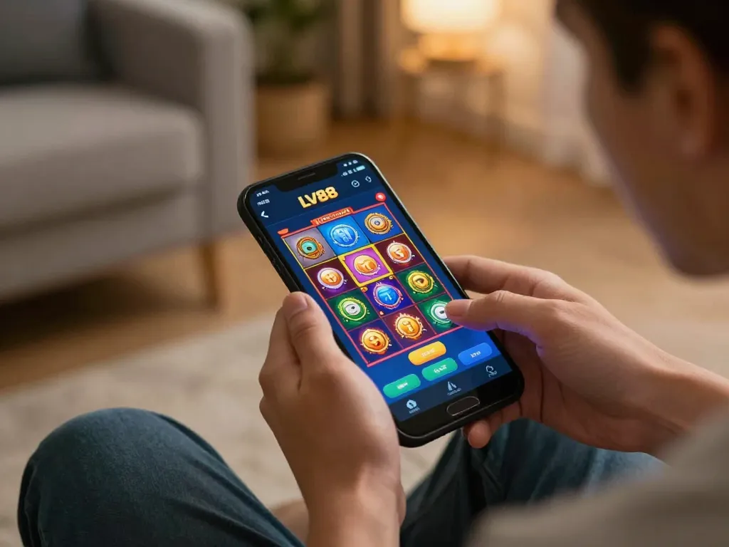 Player enjoying online gaming on LV88 app, showcasing colorful slot graphics in a cozy setting.