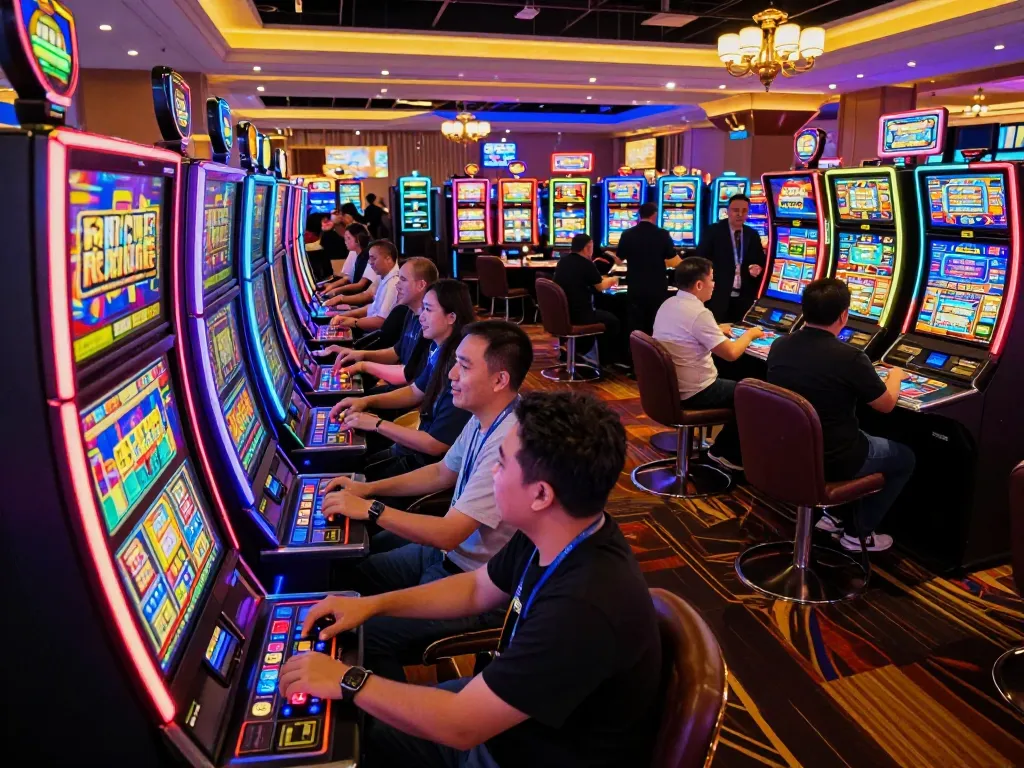 Players engaged in slot gacor gameplay at colorful machines in a bustling casino.
