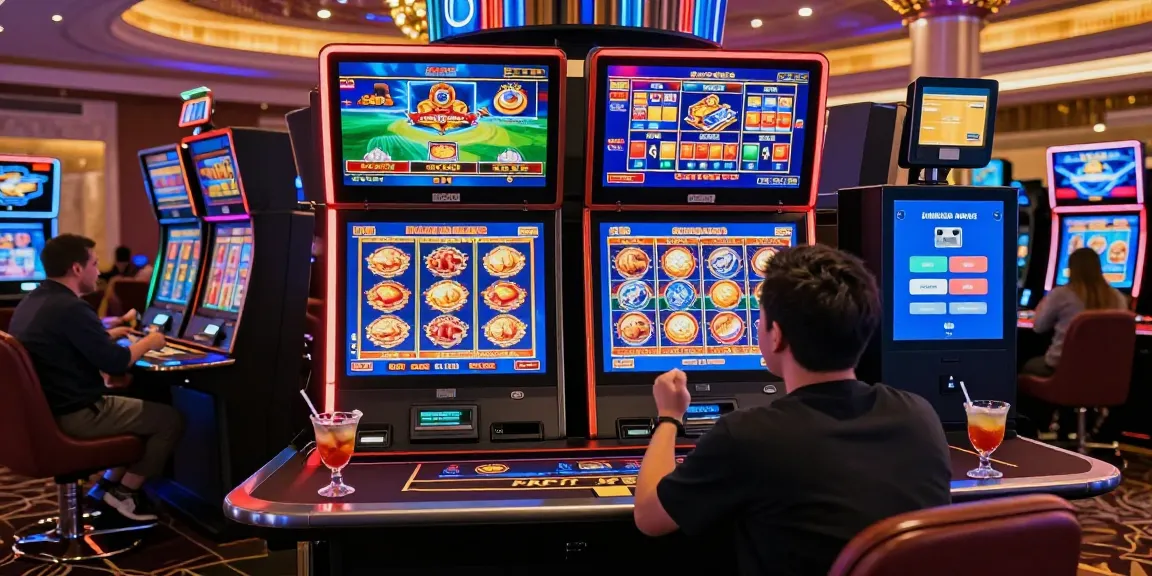 Exciting scene at a credit card casino featuring players engaged with digital games and colorful lights.
