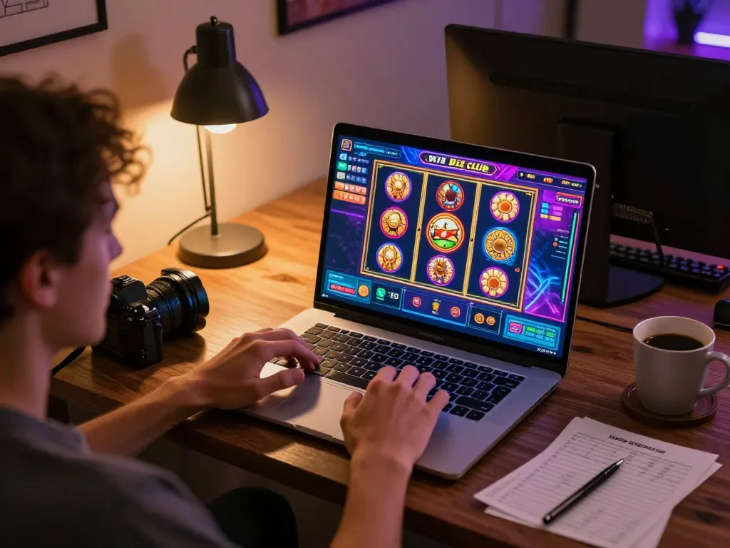 B52 club player enjoying online slots at home, showcasing vibrant gaming setup and cozy atmosphere.