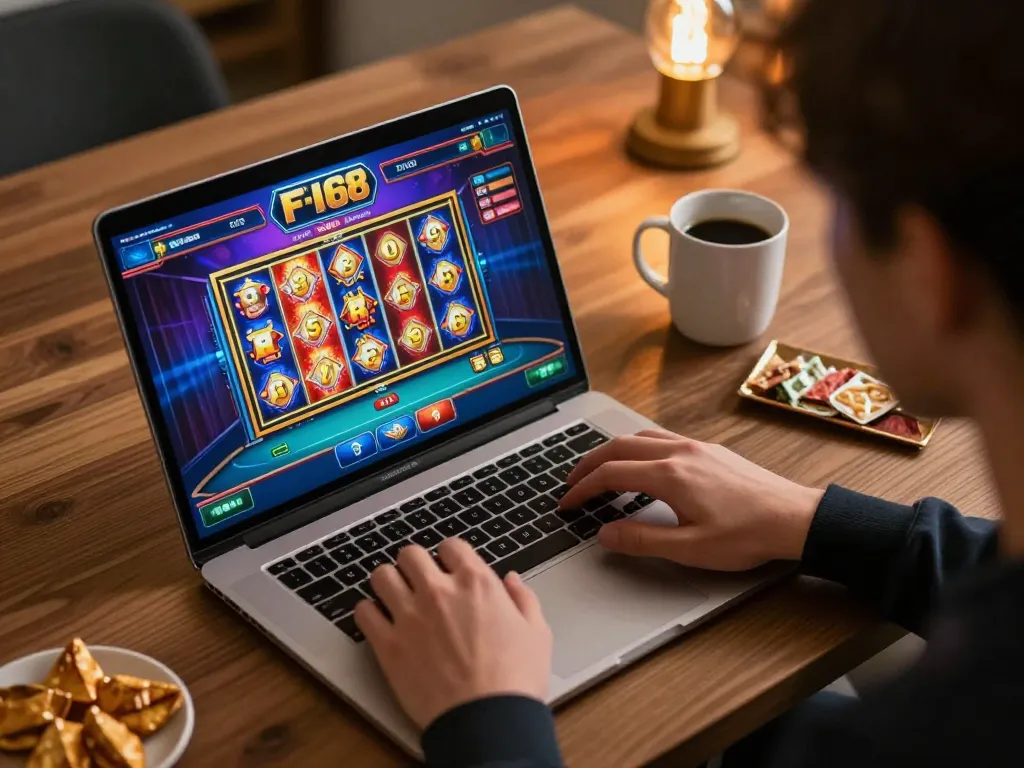 Engaging online gaming action with F168 app interface showing slot machines and poker games