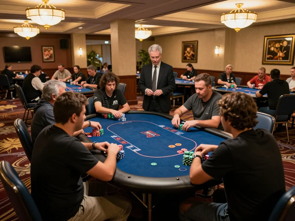 Players engaged in B52 poker tournament at upscale casino with vibrant atmosphere