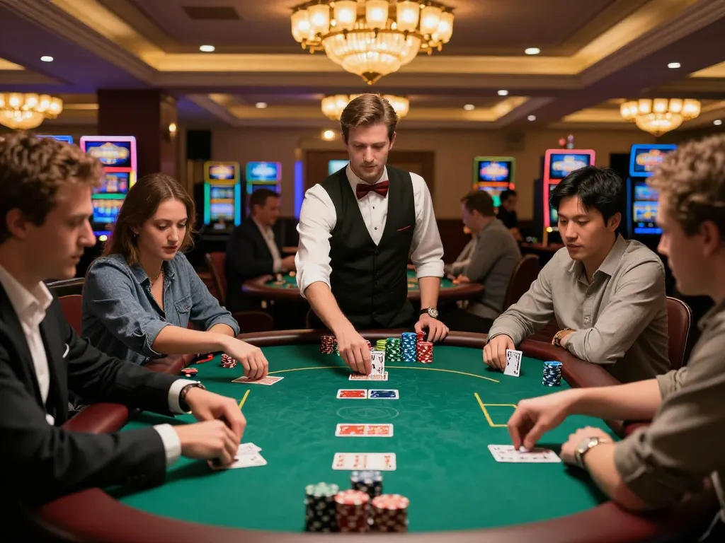 Players strategizing their moves at LV88 casino poker table amidst vibrant casino atmosphere.