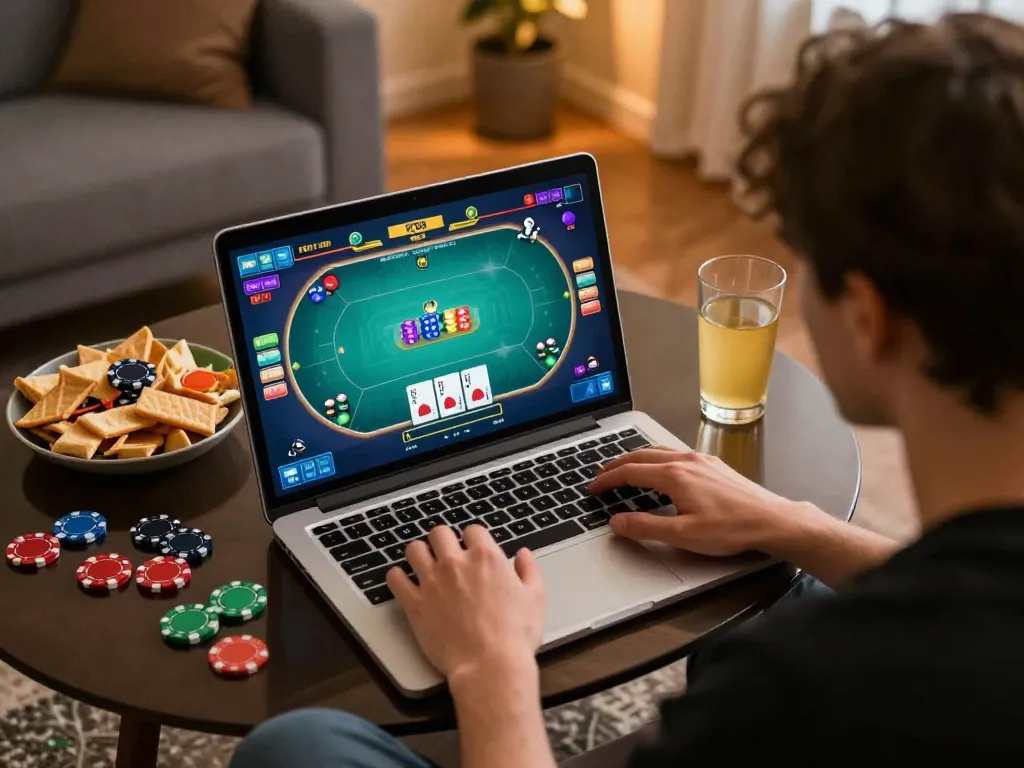 SC88 user engaging in strategic poker gameplay on a laptop with colorful interface in a cozy setting