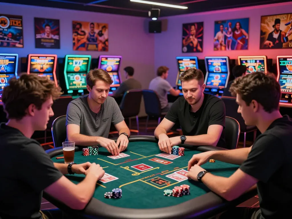 Engaging scene at nhà cái 33win featuring players enjoying diverse gambling activities in a modern casino setting.