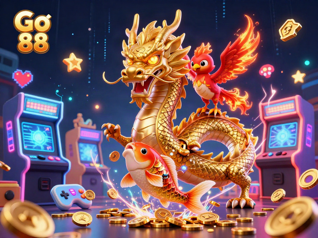 Experience the excitement of Go 88 with dragons and vibrant casino elements in a vivid 3D illustration.