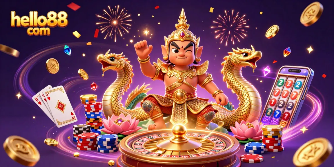 Play slots and roulette with hello88 com, featuring vibrant characters and gold coins cascading.