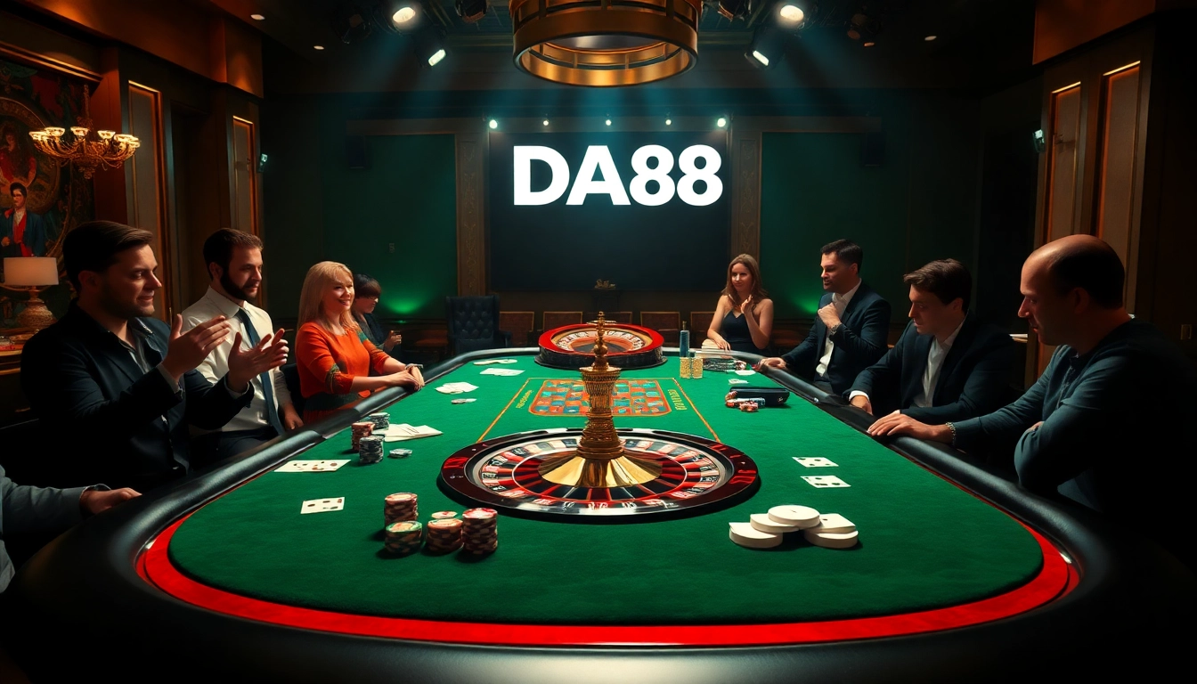 Players strategize their next move at a luxurious casino table featuring DA88 poker chips, enhancing the thrill of the game.