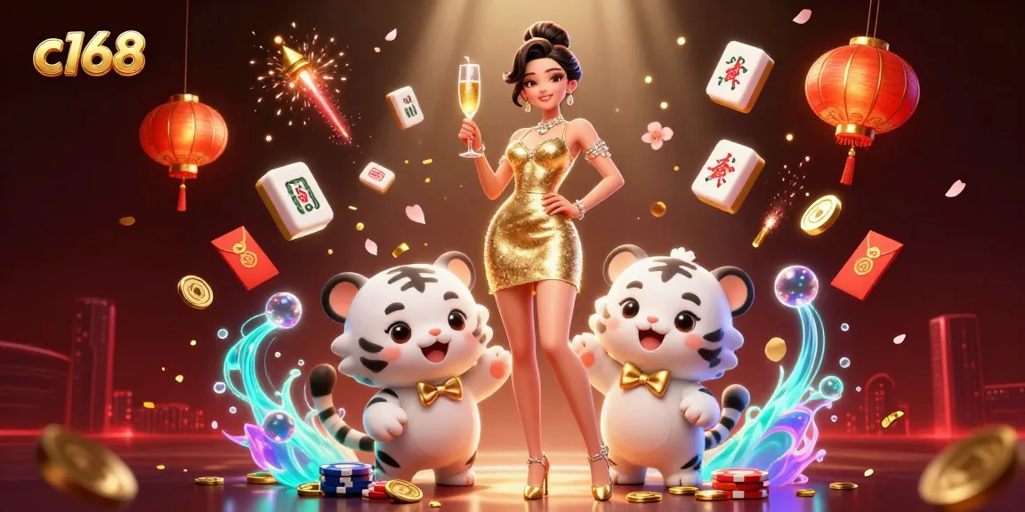 Experience c168 gaming excitement with a glamorous scene featuring a lady and a lucky tiger cub.