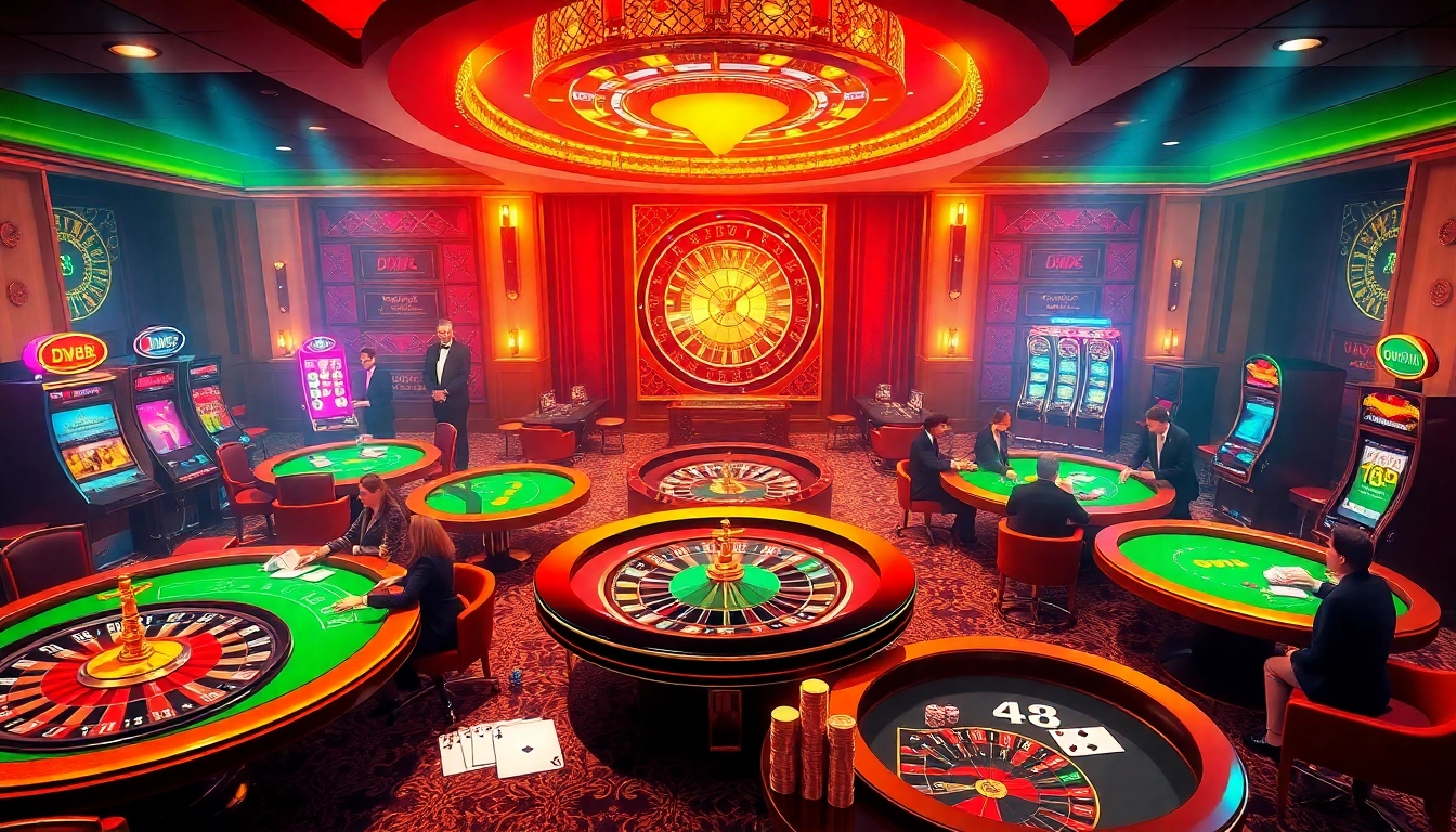 Engaging casino scene with luxurious poker tables and dv88.com branded chips for an exciting gambling experience.