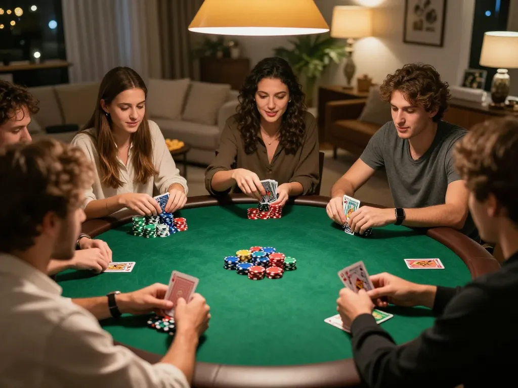 Friends enjoying an engaging poker night at home, showcasing thrilling gameplay, as they strategize on https://kjc365.com/.