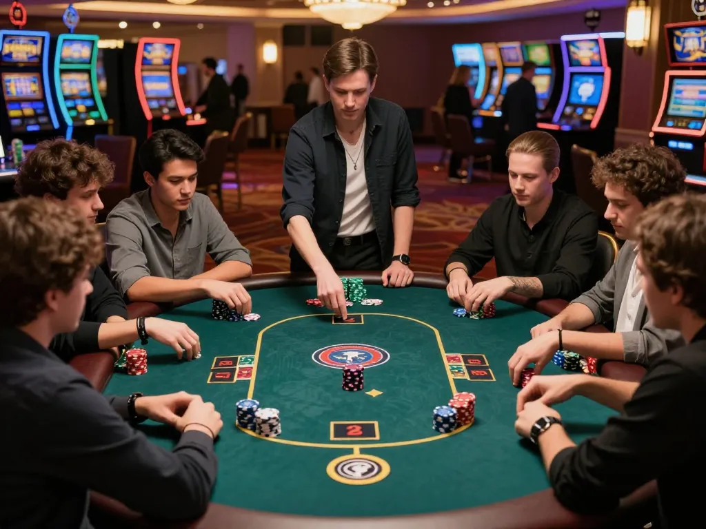 Players engaging in strategic gameplay at a lively poker table while discussing link mb66 strategies.
