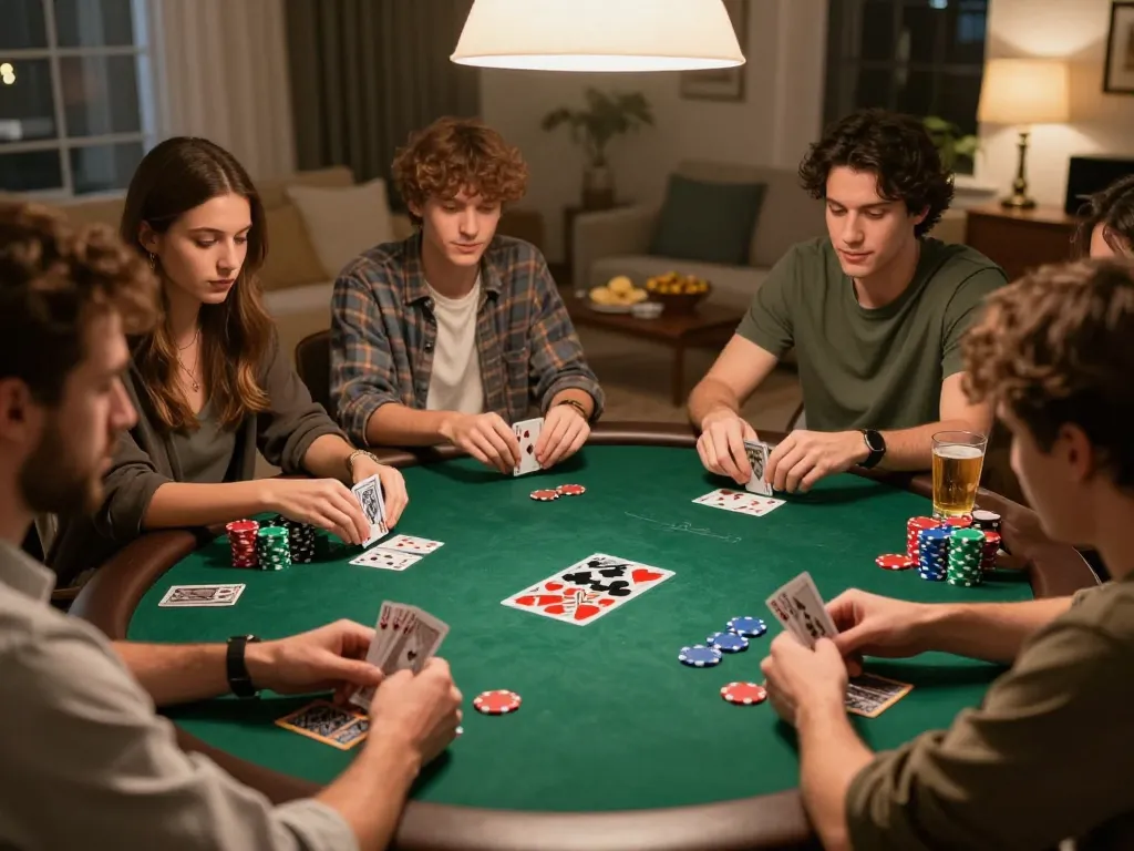 Friends enjoying an intense poker game at home while playing KONG 88 with colorful chips and warm lighting.