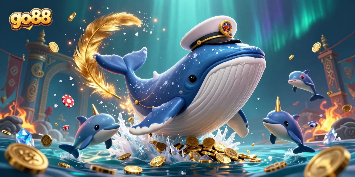 Play at go88 and enjoy exciting games with 3D cartoon whale and friends amidst gold coins.