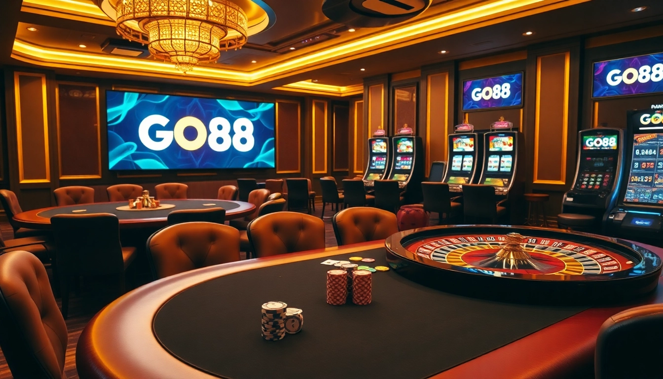 Experience the thrill of gambling at GO88's luxurious casino with vibrant tables and slot machines.