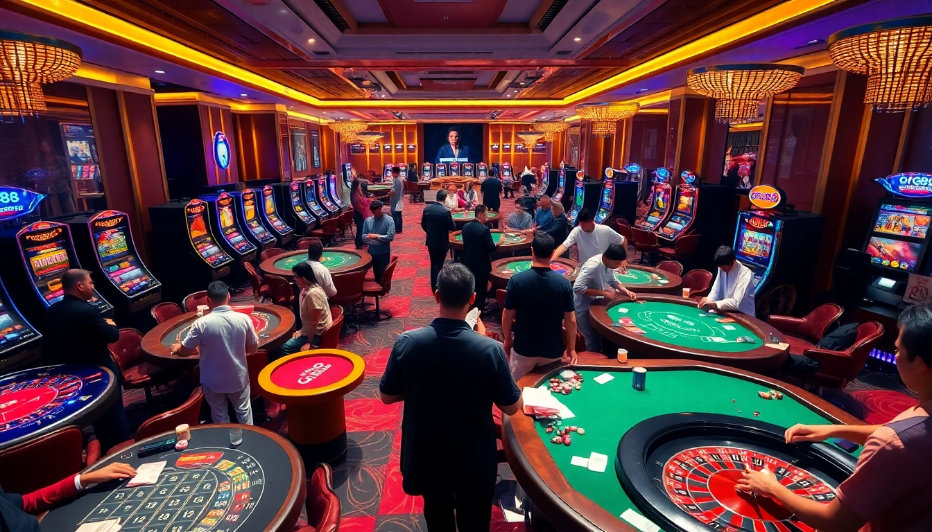 Experience the excitement of tải go88 with a vibrant casino scene showcasing players at poker and roulette tables.