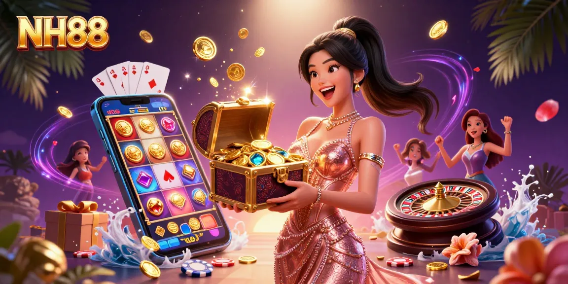 Experience excitement at NH88 with a joyful woman presenting a treasure chest, showcasing vibrant casino games.