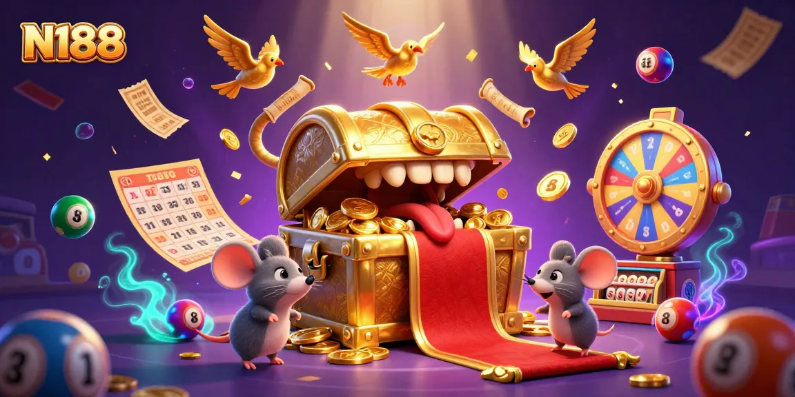 N188 invites players to dive into thrilling winnings with colorful lottery elements and a treasure chest.