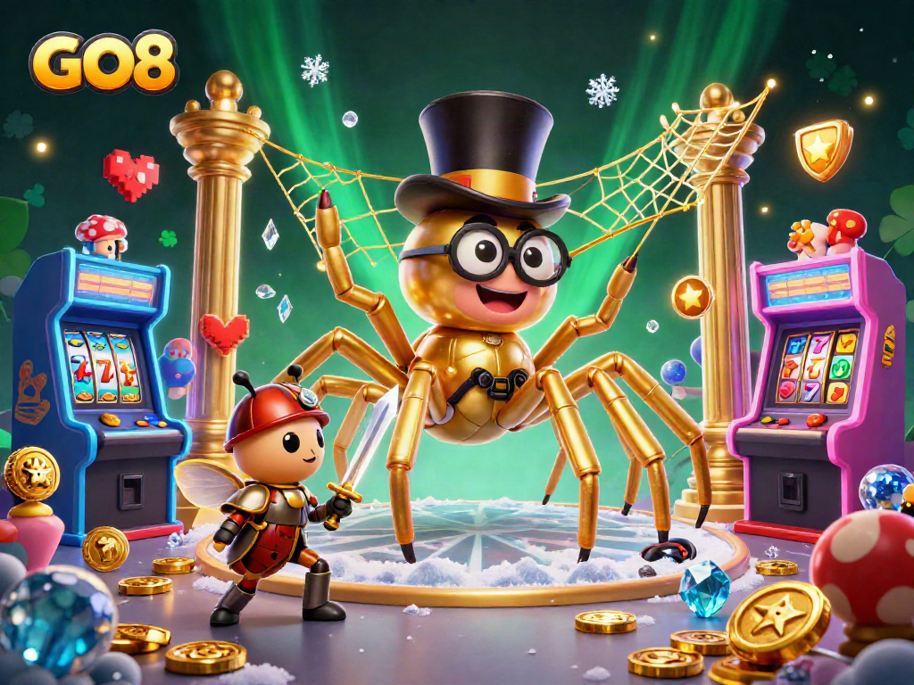 GO8 showcases a vibrant casino scene with a golden tarantula and knight amidst slot reels.