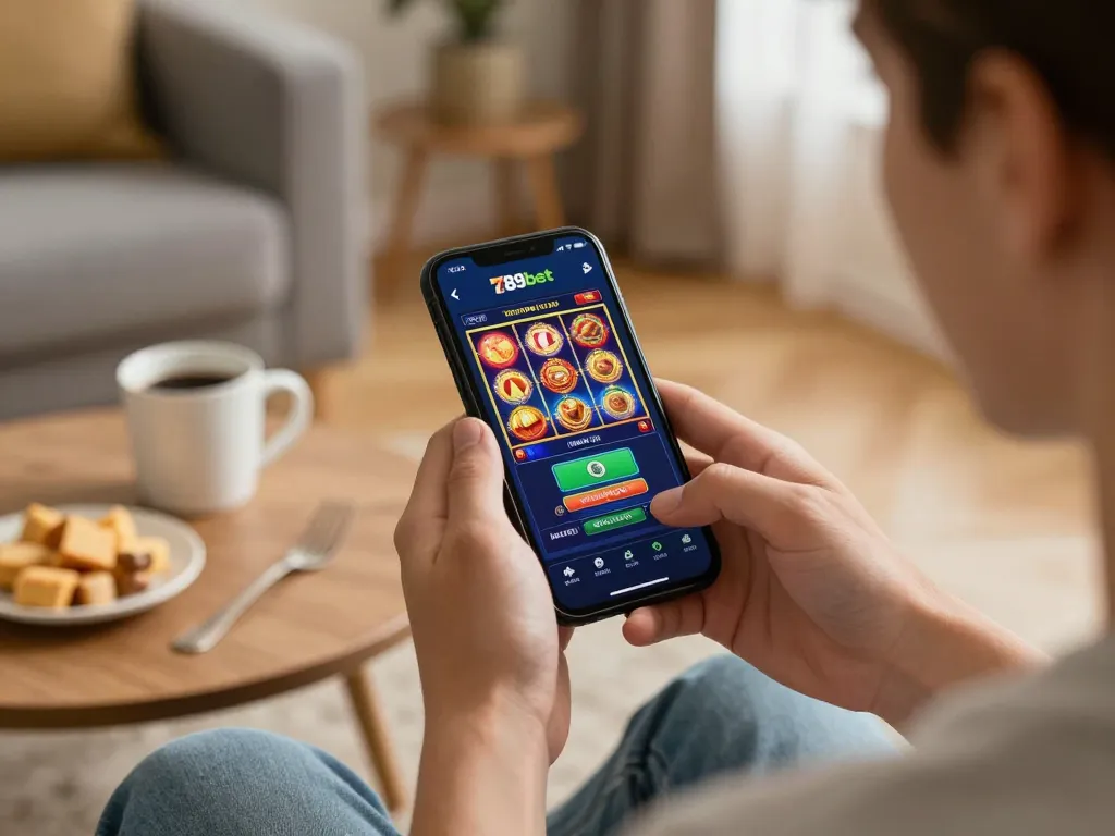 A player enjoying mobile gambling on the 789bet app in a cozy home setting.