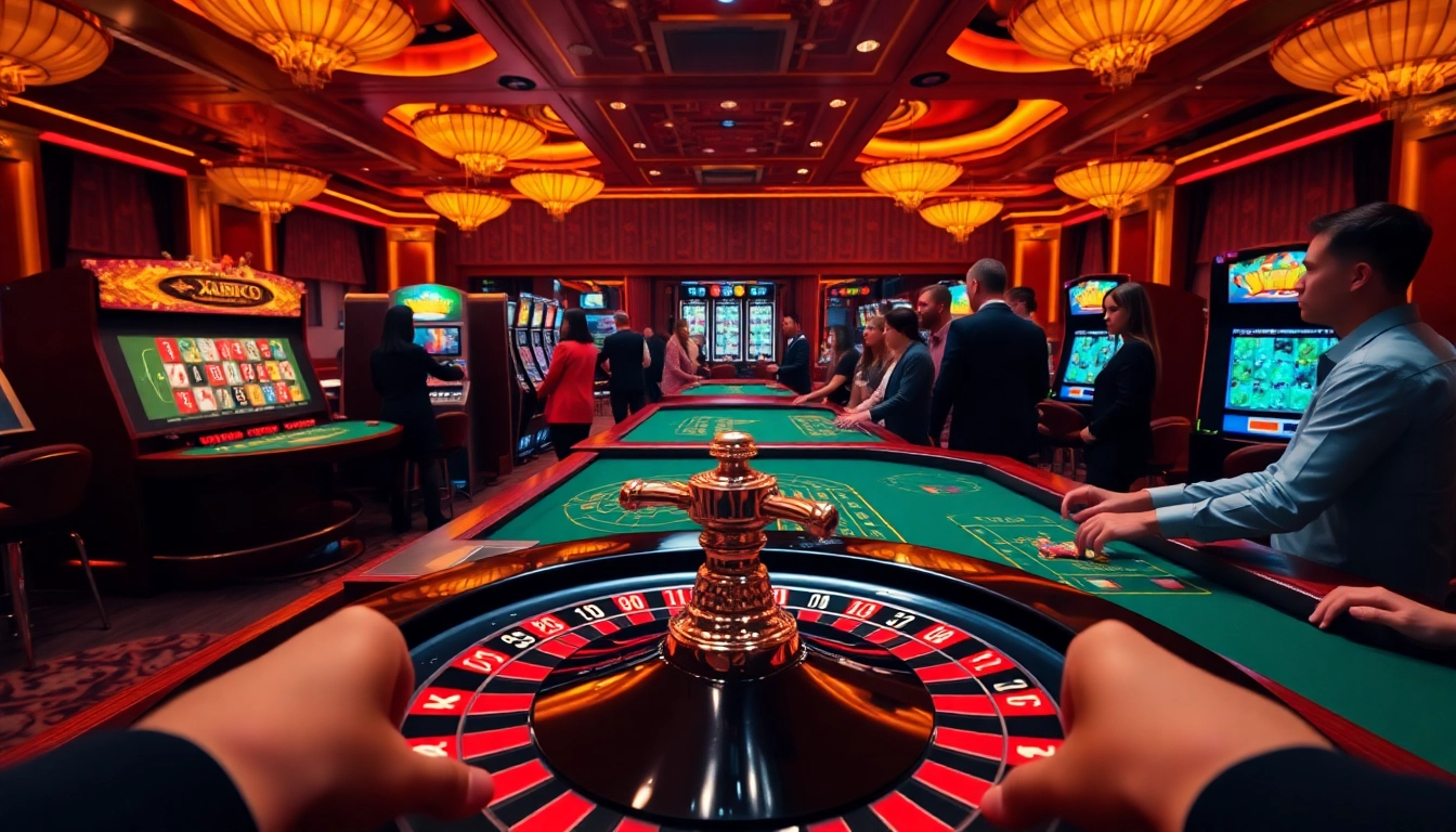 Experience a thrilling gaming scene at https://xx88.day/ with vibrant roulette wheels and excited players.