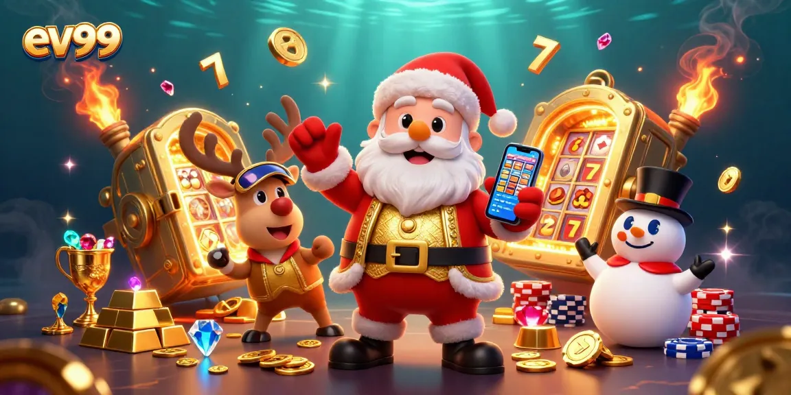 Spin the slots with ev99’s festive gaming scene featuring Santa and friends!