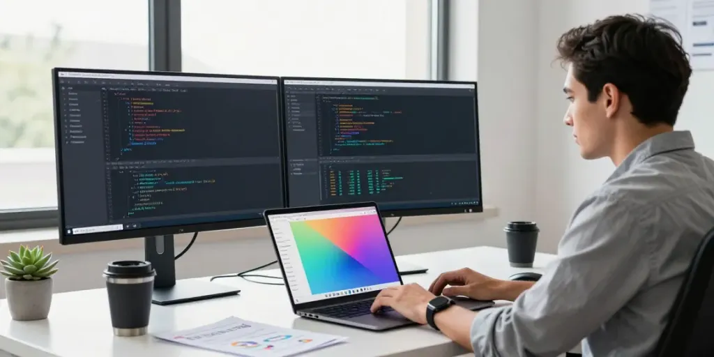 Developer engaged in instant indexing tasks in a tech workspace with multiple screens.