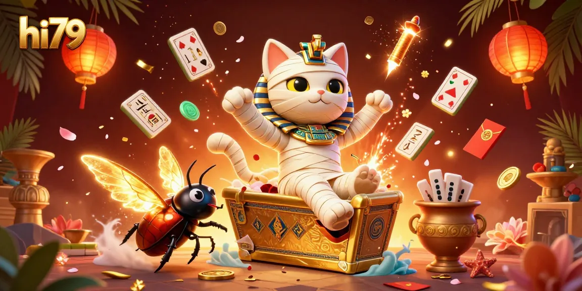 Engage in thrilling gameplay at hi79 with floating mahjong tiles and Egyptian-themed casino elements.