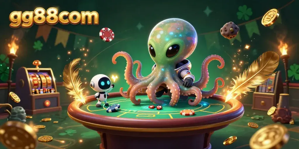 Experience thrilling poker action with the dynamic scene featuring gg88com's playful alien octopus and energetic robot companion.