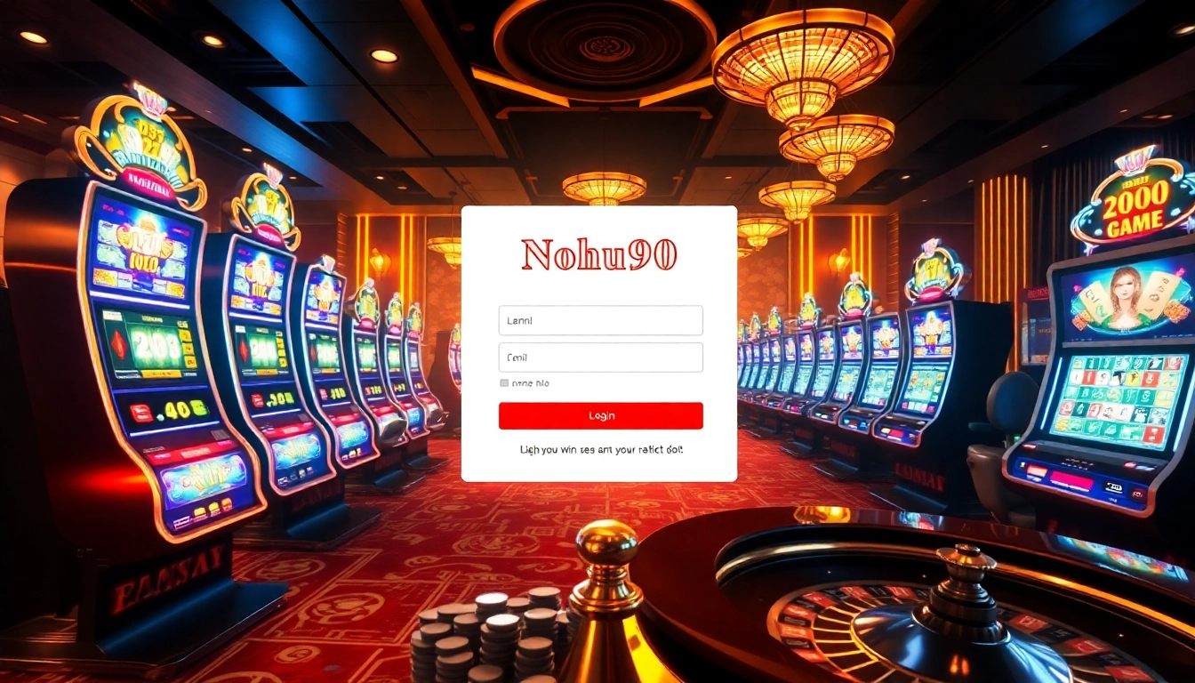 Nohu90 đăng nhập feature showcasing an elegant online casino environment with slot machines and poker chips.